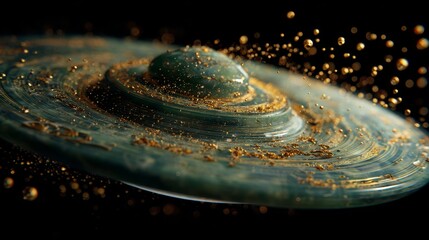 Ancient Chinese jade disc floating in air surrounded by swirling golden particles
