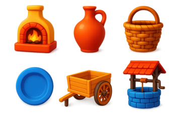 Village Life Icons. 3D icon set of village life: clay oven, water jug, wicker basket, wooden cart, ceramic plate, stone well. A