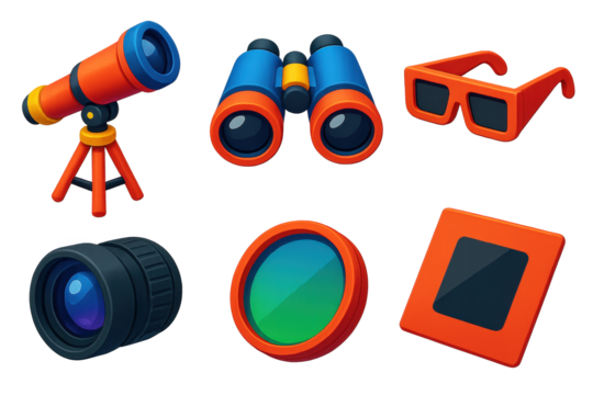 3D Observation Tools Icons. 3D icon set of observation tools: telescope, binoculars, solar glasses, tripod, camera lens, filter