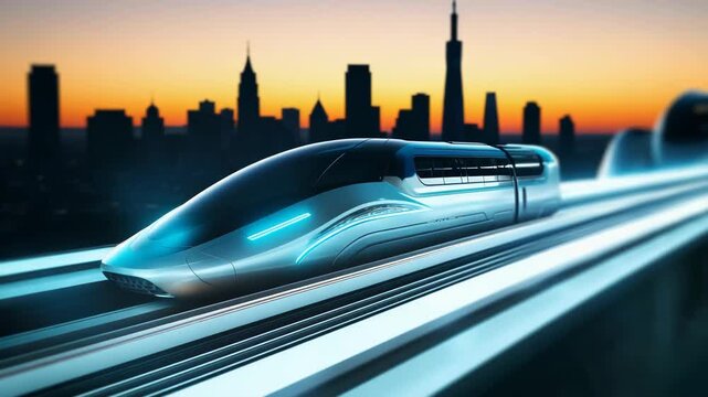 Futuristic High-Speed Train with Glowing Blue Lights and Modern City Skyline at Sunset