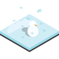 Simple Isometric Snowman Illustration With Falling Snowflakes On A Blue Transparent Background And A Subtle Shadow