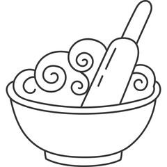 Simple line art drawing of a mortar and pestle with swirling lines inside the bowl against a transparent background