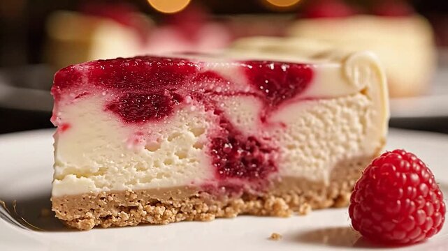 The swirled pattern of raspberry puree in a slice of white chocolate cheesecake.