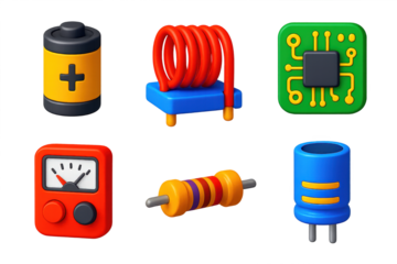 Bright Electrical Icons. 3D icon set of electrical science: battery, wire coil, circuit board, voltmeter, resistor, capacitor. A