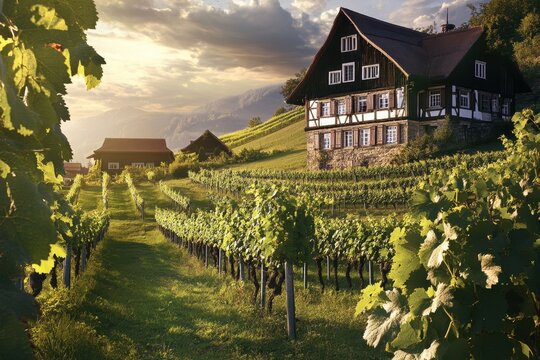 Vineyards at sunset with rustic buildings in the background