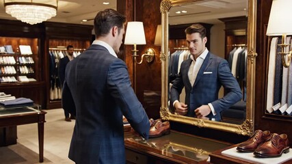 Elegant man in tailored suit adjusting tie in luxury boutique mirror reflection - Powered by Adobe