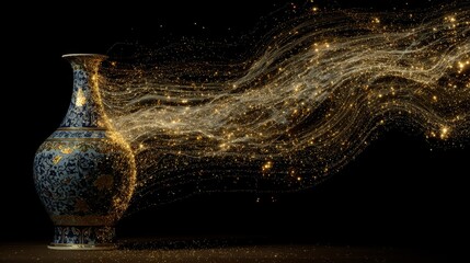 Ornate Chinese porcelain vase floating in air enveloped by glowing golden particle streams