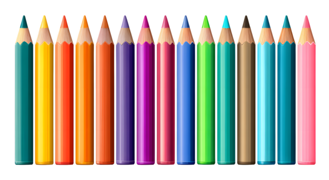 Vibrant collection of sharpened colored pencils arranged in a spectrum of brilliant hues, ready for creative projects