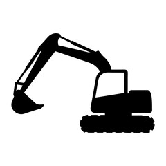 Heavy equipment vehicle in black silhouette with digging bucket out front
