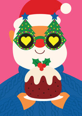 Colorful flat illustration of Santa Claus wearing Christmas tree sunglasses and holding a festive pudding topped with holly for holiday cards, posters, or festive prints.