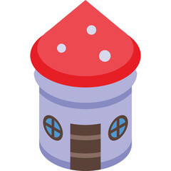 Whimsical Mushroom Shaped House Illustration with Red Roof and Blue Windows on a Transparent Background