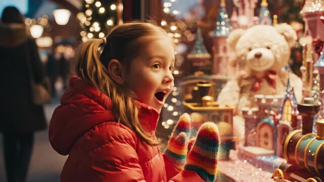 Joyful child exploring festive holiday window display with enthusiasm and curiosity