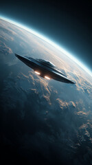 Flying saucer hovering above earth atmosphere simulating alien presence