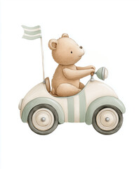 Teddy bear driving vintage toy car with flag