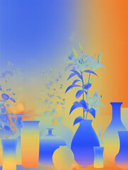 Abstract still life with lilies and vases in gradient colors