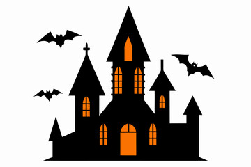 Spooky Gothic Halloween Castle Silhouette with Flying Bats - Vector Illustration