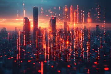 Fototapeta premium A vibrant city skyline illuminated by digital lights during sunset in an urban setting