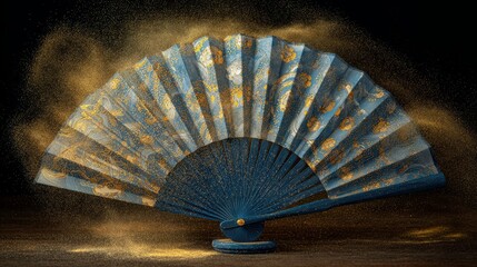 Ancient Chinese Silk fan gracefully floating in air with golden dust spirals