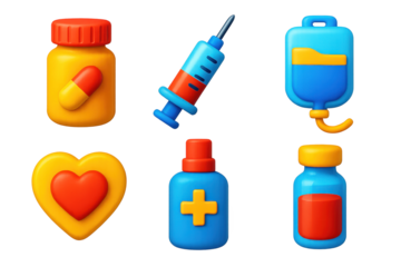 Emergency Medicine Icons. 3D icon set of emergency medicine: pill bottle, injection syringe, IV fluid bag, heart pill, antiseptic