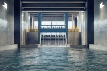 Water flows through modern dam structure in a controlled environment