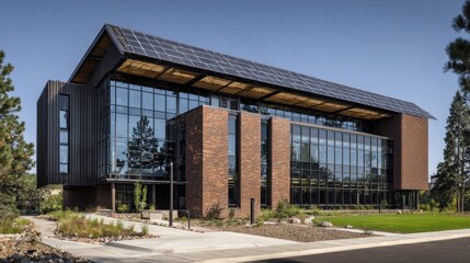 Obraz premium Modern eco-friendly building with solar panels and large glass windows, showcasing sustainable architecture and natural landscaping in a serene environment