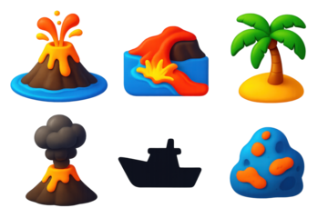 Volcanic Island Icons. 3D icon set of island eruptions: volcanic island, lava entering sea, palm tree, ash plume, boat silhouette,
