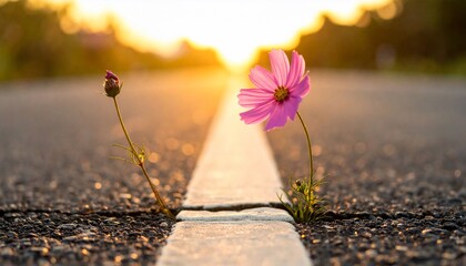 A solitary flower blooms amidst asphalt, illustrating resilience against challenging conditions