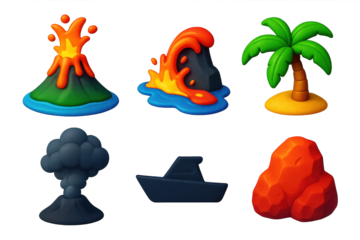 Volcanic Island Icons. 3D icon set of island eruptions: volcanic island, lava entering sea, palm tree, ash plume, boat silhouette,