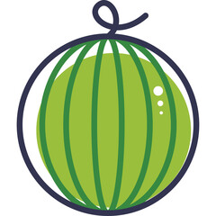 Simple vector illustration of a green watermelon with dark blue outline and white dots on a transparent background in a minimalist style