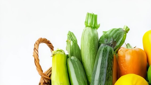 A wicker basket filled with fresh vegetables includes green zucchini and yellow squash. These colorful vegetables in the wicker basket emphasize healthy eating and culinary variety