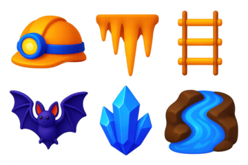 Deep Cave Icons. 3D icon set of deep cave exploration: helmet light, stalactite, rope ladder, bat, crystal shard, underground