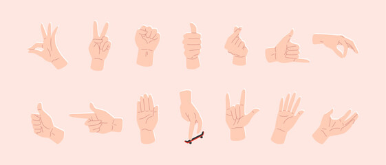 Fototapeta premium Collection of various hand gestures. Isolated background. Flat vector illustration.