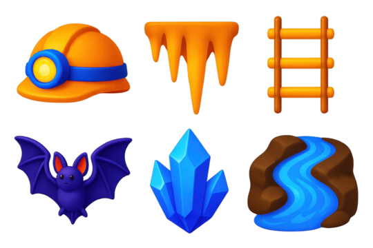 Deep Cave Icons. 3D icon set of deep cave exploration: helmet light, stalactite, rope ladder, bat, crystal shard, underground