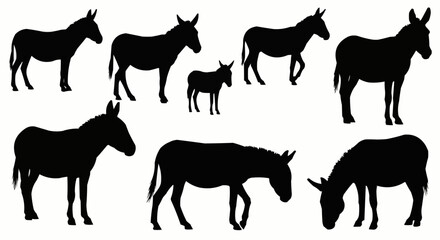 Silhouette depiction of a group of donkeys in various poses against a white background image art design