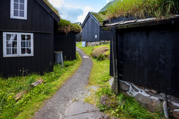 Traditional turf-roofed wooden house with green door along a small path