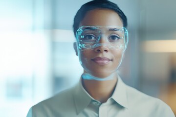 Digital representation of a woman displaying facial recognition technology in a modern office