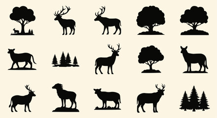 Obraz premium Silhouette collection featuring deer, trees, and forest elements in a nature themed arrangement