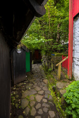 Narrow cobblestone alley with colorful wooden walls and greenery