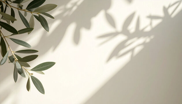 オリーブの枝と葉の影が映る柔らかな自然光のインテリア背景