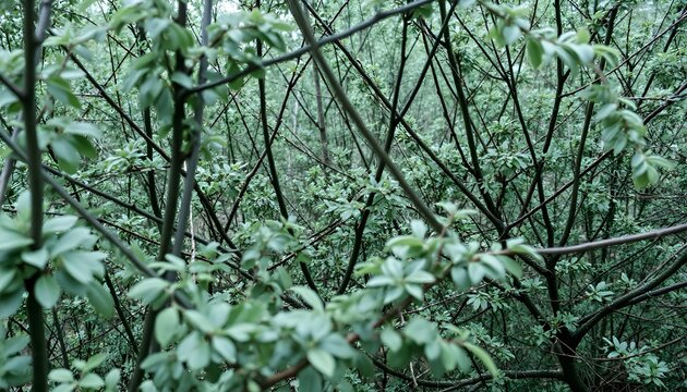 Green shrub branches in dense forest. Shrub branches with soft diffused light deep in the forest. Atmosphere of calm and solitude, natural green tones.