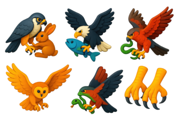 3D Wild Hunting Icons. 3D icon set of wild hunting scenes: falcon clutching hare, eagle grasping fish, hawk with snake, owl diving
