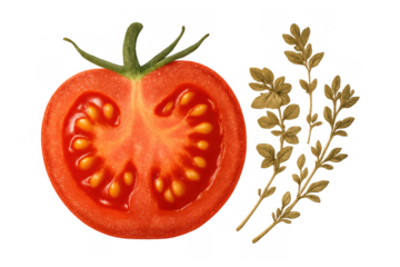 Half cut tomato slice presenting cross section with fresh golden herb branches on transparent background
