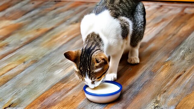 A domestic cat with a patchy coat enjoys a bowl of milk on a wooden floor. This cat leans towards the bowl of milk, savoring the taste while surrounded by the warm wooden texture.