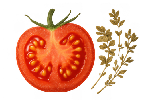Half cut tomato slice presenting cross section with fresh golden herb branches on transparent background