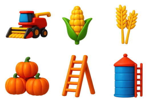 Harvest Season Icons. 3D icon set of harvest season: combine harvester, corn stalk, wheat bundle, grain silo, pumpkin pile,
