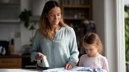 Mother ironing her childâs shirt while little girl plays nearby, soft daylight, cozy modern home atmosphere, cleanliness and care, calm morning energy photo, realistic photography,
