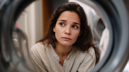 Young woman looking into washing machine drum with frustrated expression, inspecting dirty laundry inside washer, close-up view from inside the washing machine photo, realistic pho