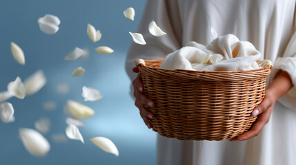 Young woman holding wicker basket with clean folded towels, surrounded by floating white flower petals and delicate scent waves, bright minimal background photo, realistic photogra