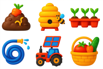 Organic Farming Icons. 3D icon set of organic farming: compost heap, beehive, seedling tray, watering hose, solar-powered tractor,