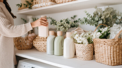 woman organizing laundry detergent bottles on white shelf, bright modern laundry room interior, natural soft daylight, cozy and clean home aesthetic, minimalistic Scandinavian desi